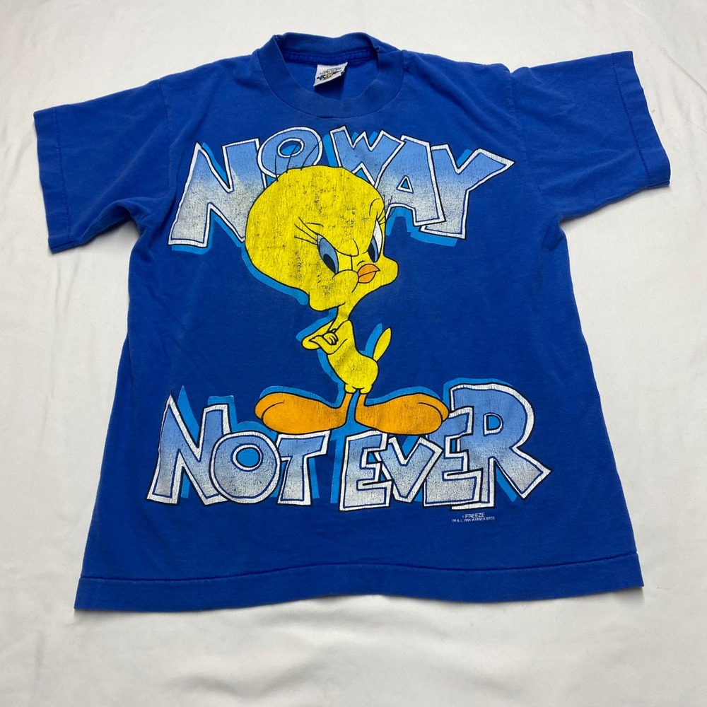 Vintage 1996 Tweety Bird Looney Tunes No Way Not Ever Blue Graphic Tee Youth L